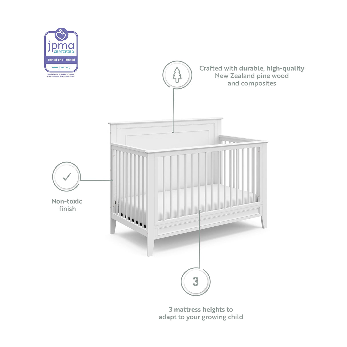 Storkcraft Solstice 5-In-1 Convertible Crib (White) – GREENGUARD Gold Certified, Converts to Toddler Bed and Full-Size Bed, Fits Standard Full-Size Crib Mattress, Adjustable Mattress Support Base storkcraft