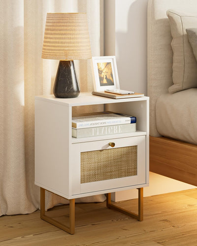 Acodaiuy Rattan Nightstand, Boho Night Stand Wood Farmhouse Bedside Table with Storage, End Side Accent Table for Bedroom,Living Room,White
