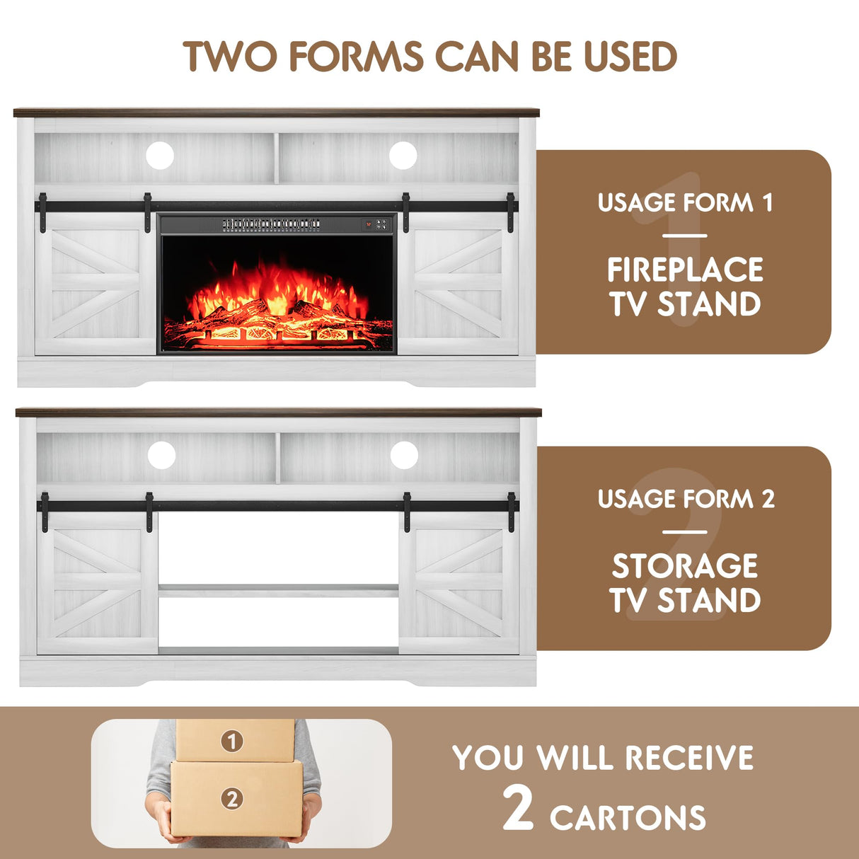 Furniwell Electric Fireplace TV Stand for TVs up to 65", Entertainment Center with 26” Fireplace Console Table with Sliding Barn Door and Adjustable Storage Shelves for Living Room (White) Furniwell