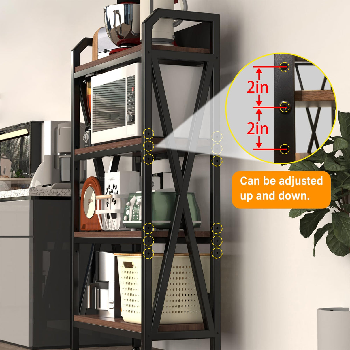 Bakers Rack with 4-Tier Adjustable Wood Shelves, Heavy-Duty Metal Frame Kitchen Shelf Organizer, Microwave Stand for Kitchen, Living Room, Apartments, 25.6" Wider Sailret