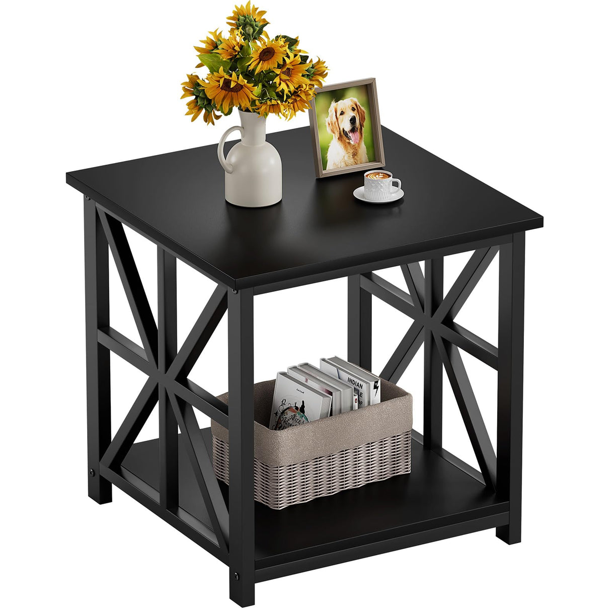 GreenForest End Table with 2-Tier Storage Shelf, 24 inch Side Table for Living Room, Modern Nightstand for Bedroom Bedside Office Farmhouse, Black GreenForest
