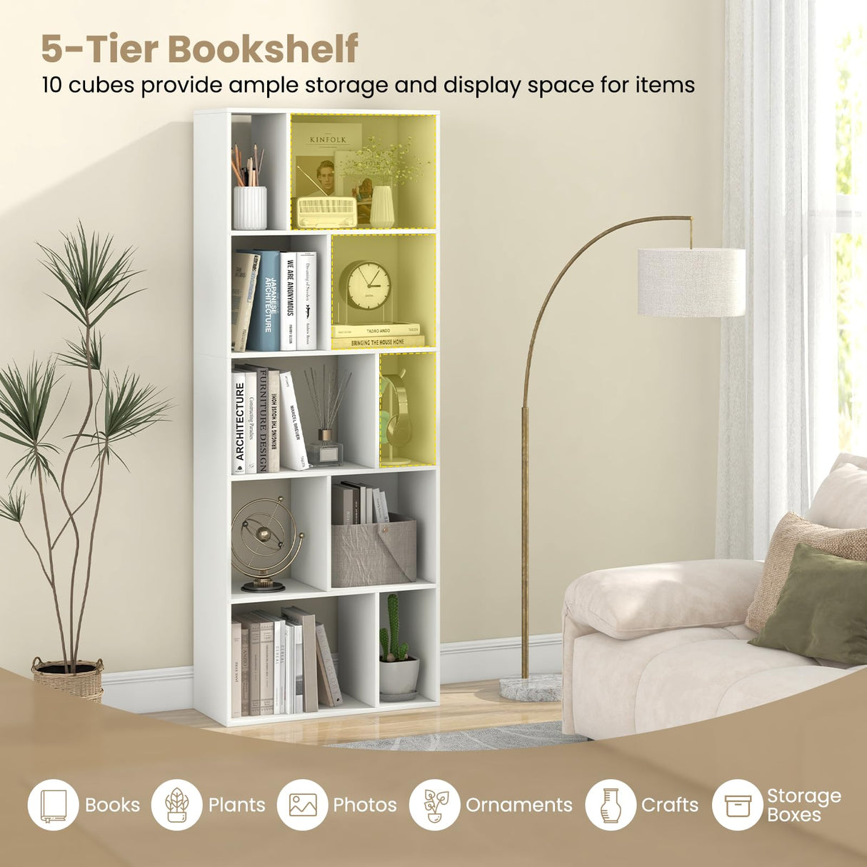 Giantex 5-Tier Geometric Bookshelf, 63" Modern Tall Bookcase, 10-Cube Storage Organizer, Freestanding Open Storage Shelving Unit, Display Rack Cabinet for Living Room, Study, Home Office, White (1) Giantex