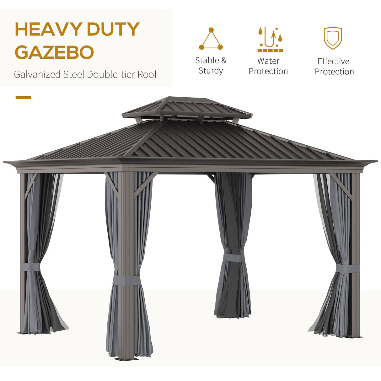 Outsunny 10' x 12' Hardtop Gazebo with Curtains and Netting, Permanent Pavilion Metal Double Roof Gazebo Canopy with Aluminum Frame and Hooks, for Garden, Patio, Backyard, Charcoal Gray Outsunny