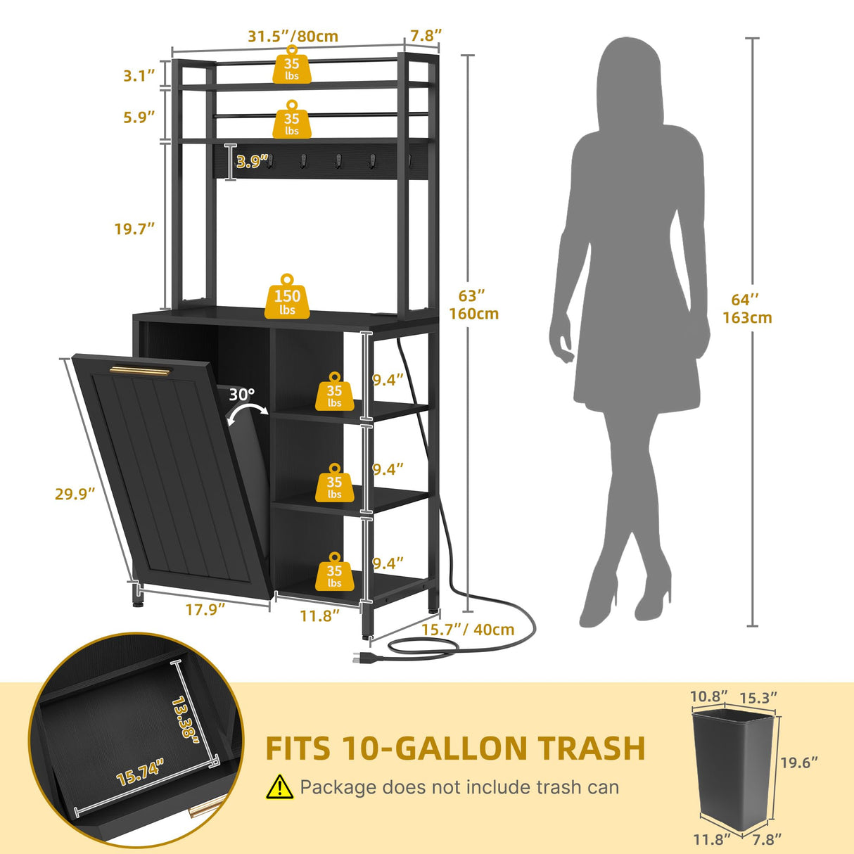 YITAHOME Bakers Rack with Storage Microwave Stand with Trash Can Bin Cabinet and Power Outlet 6-Tiers Coffee Stand Large Microwave Table for Kitchen Dining Room Living Room Black YITAHOME