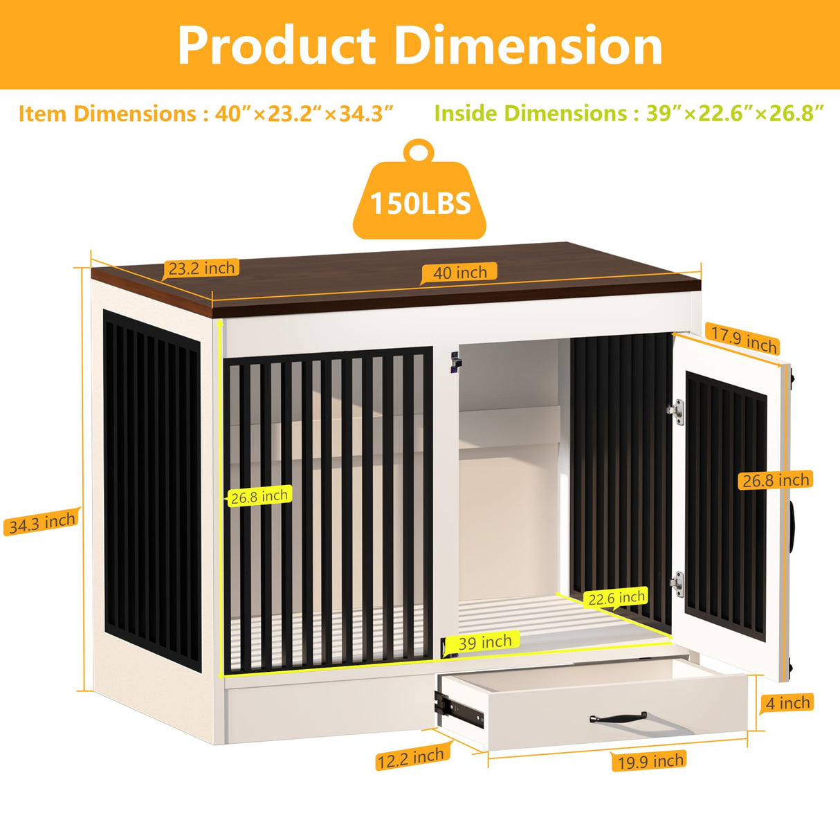 yookare White Heavy Duty Furniture Dog Crate, Wood and Metal Kennel Cage, Pet House End Table with Drawer and Pull-Out Design, Dog Home for Indoor use, Large Size yookare
