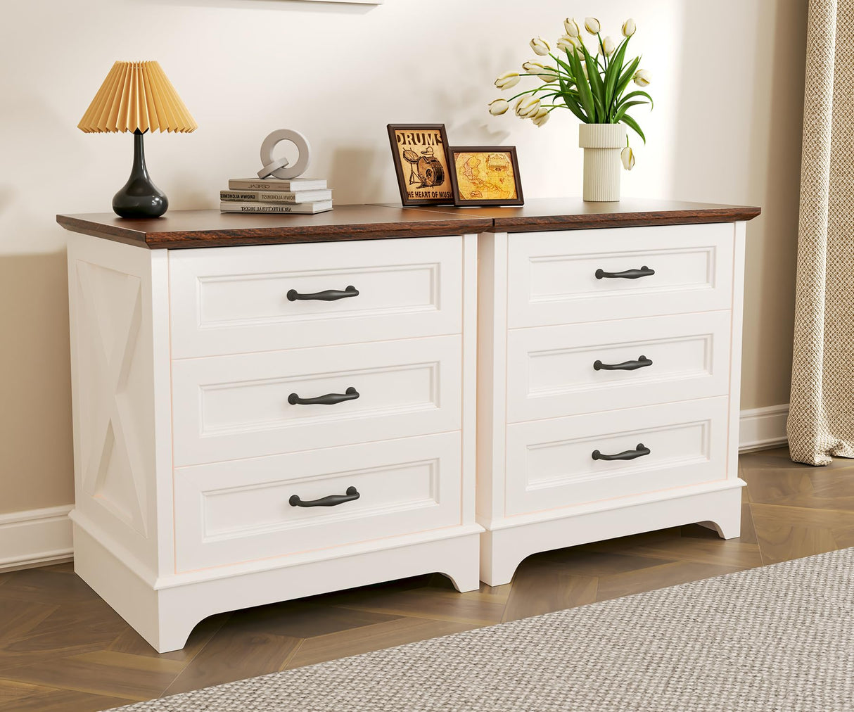 GRUSIGN Nightstand with Drawers - 22.44" Wide End Table with 3 Large Drawers & Bar Handles, Small Rustic Wood Chest of Drawers for Bedroom, Living Room, Closet, White GRUSIGN