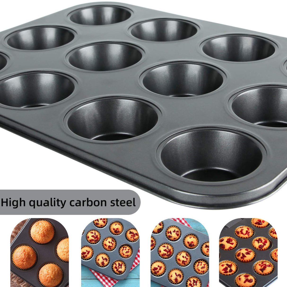 Muffin Pan, 12 Cupcake Pan, 2 Sets of Nonstick Brownie Bakeware Muffin Tin, Cupcake Tray, Baking Pan for Kitchen Oven, Black 13.9 x 10.5 x 1.2 inches Cemueo