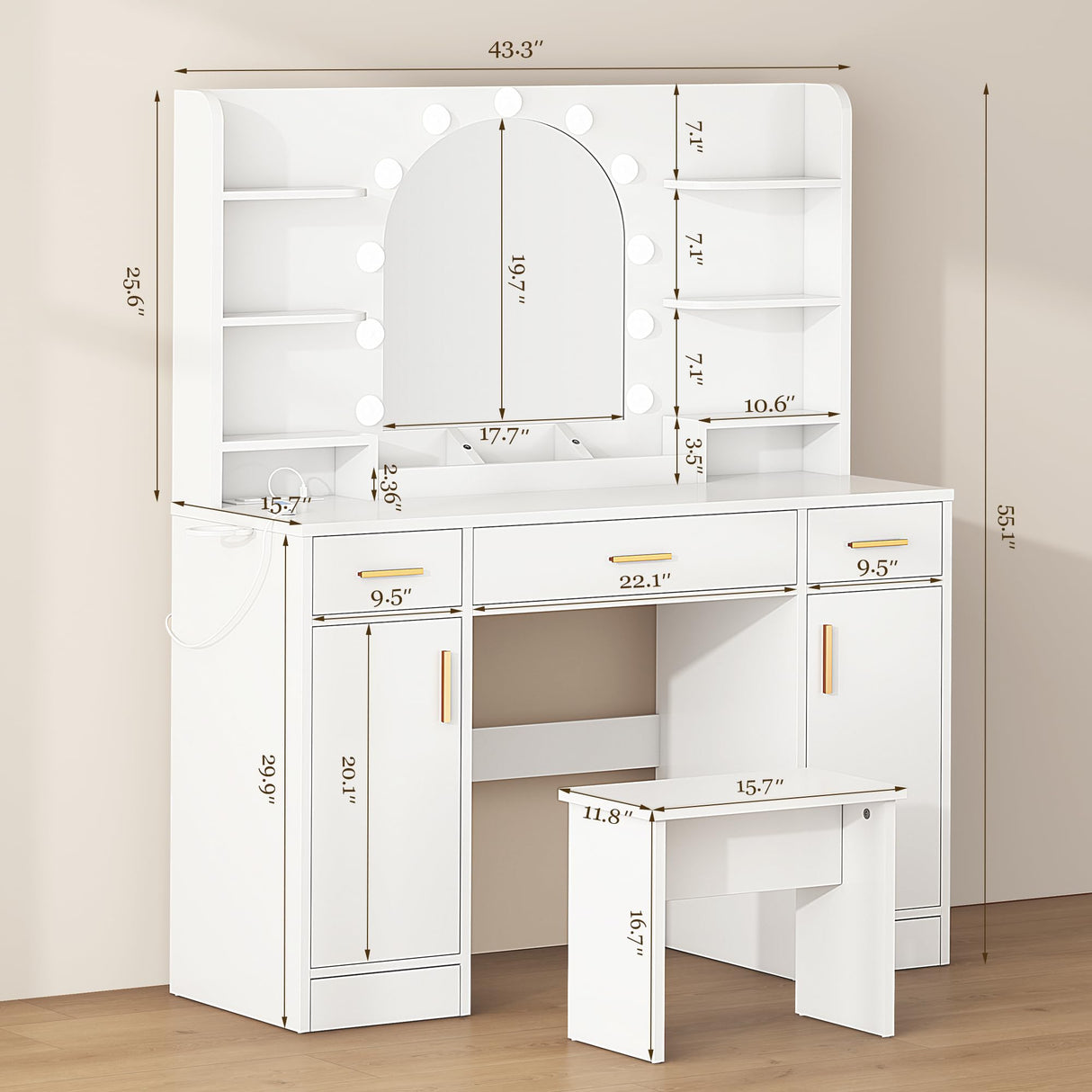 Vanity Desk with Mirror and 11 LED Lights, 43'' Makeup Vanity Table with Power Outlet & Chair, Dressing Table with 3 Drawers, 2 Cabinets and 6 Open Shelfs for Bedroom, White Decofy