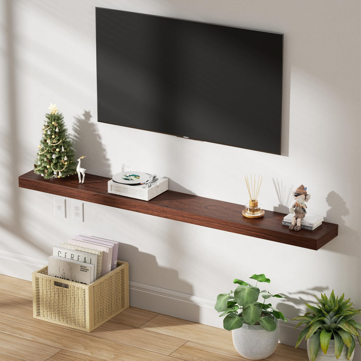 QueenFun 60 Inch Long Floating Wall Shelf Walnut, 8 Inch Deep Wood Floating Shelf Wall Mounted, Thick Wooden Mantel Shelf with 50LB Load-Bearing for Living Room Kitchen Bedroom QueenFun