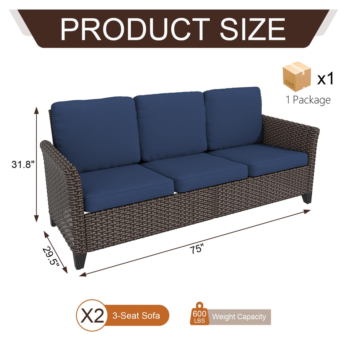 Yokayoay Patio Couch with High Back, 75" 3 Seats Outdoor Sofa, All Weather PE Wicker Couch with Waterproof Cushion for Porch, Backyard, Balcony, Deck Yokayoay