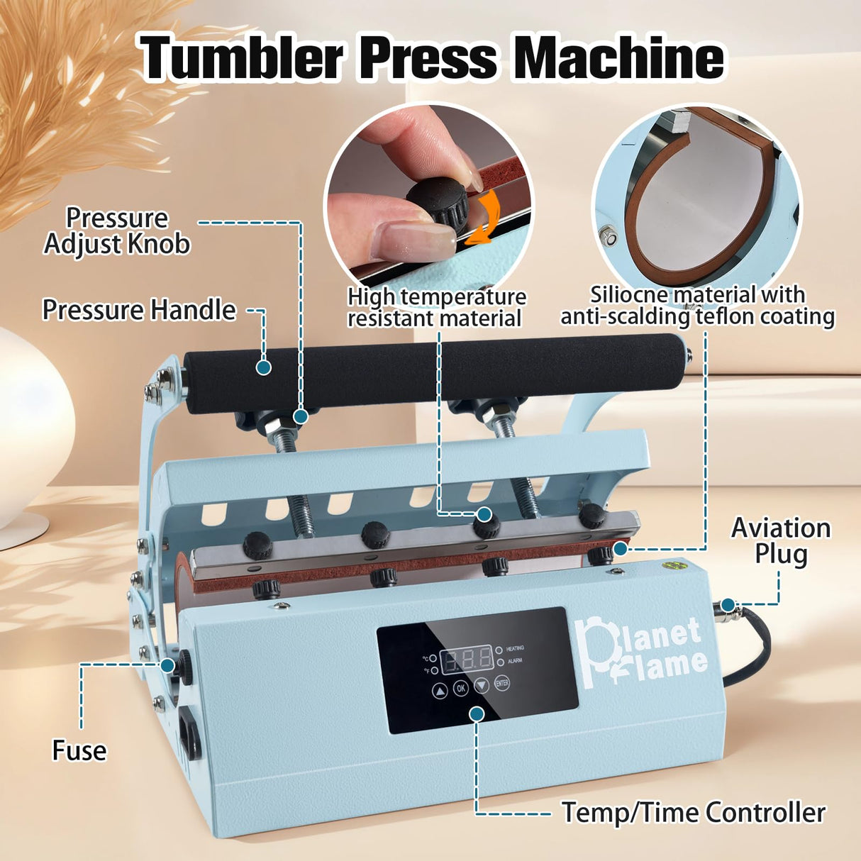 PlanetFlame Tumbler and Hat Heat Press Machine, 2-in-1 Combo Machine for Cup and Cap with Gloves and High Temp Heat Resistant Tape for 11oz-30oz Sublimation Tumbler and All Caps, Blue PlanetFlame