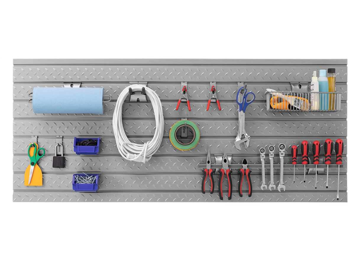 NewAge Products Pro Series 56-Inch x 24.5-Inch Diamond Plate Silver Slatwall Backsplash, Heavy Duty Steel Garage Wall Organizers, 51713 NewAge Products Inc.