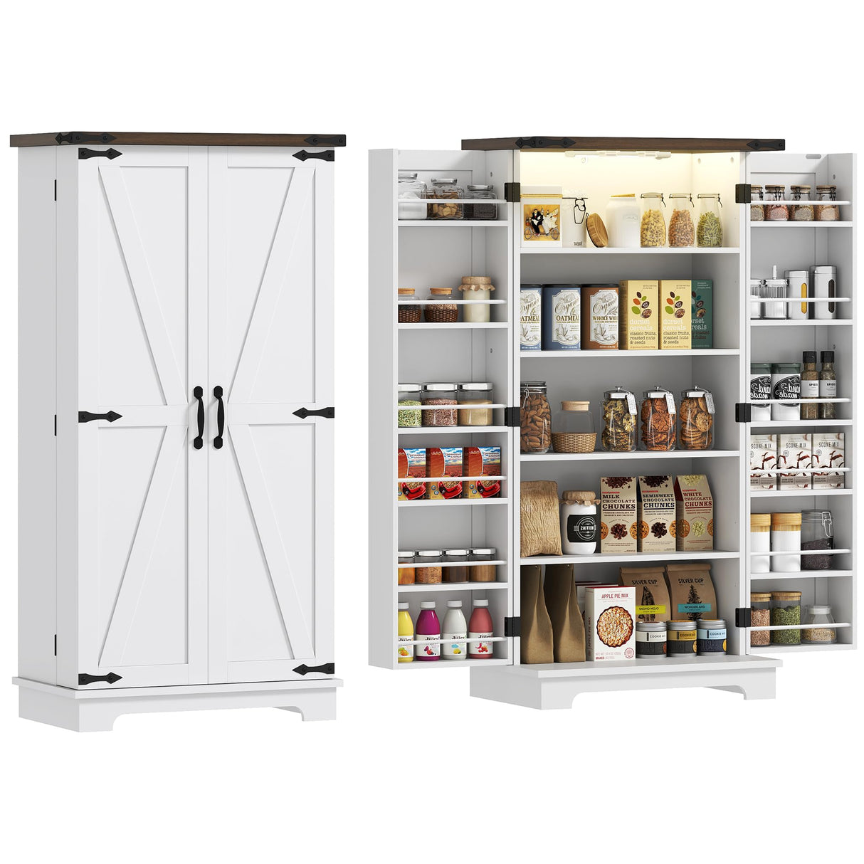 HOMCOM 47" LED Kitchen Pantry Cabinet, Farmhouse Storage Cabinet with 5 Deep Shelves and 12 Door Shelves, Freestanding Food Pantry with Barn Door, White HOMCOM