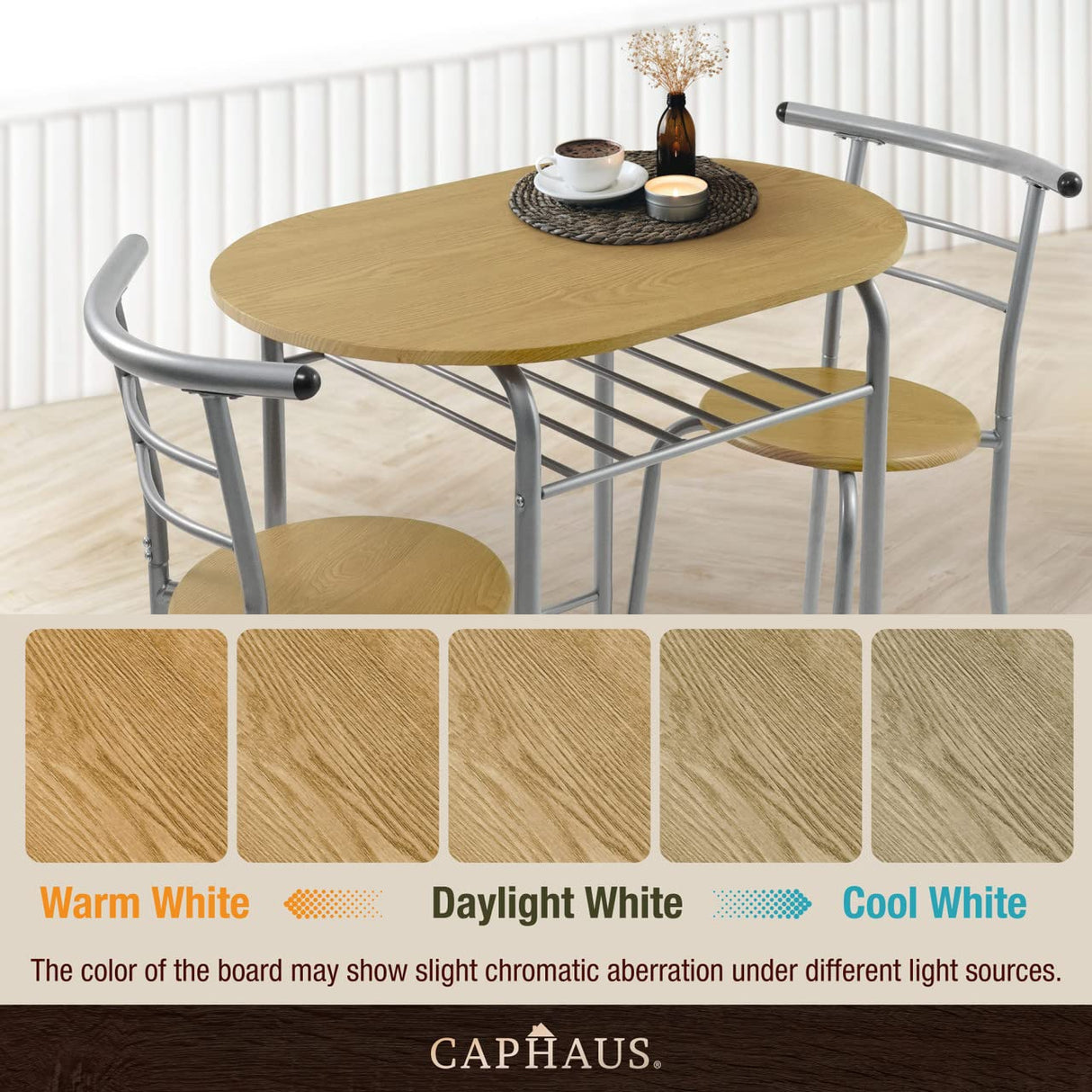 CAPHAUS 3 Pieces Dining Set for 2, Small Kitchen, Dining Room Table Set w/Steel Frame, 3 Pieces Patio Set w/Wine Rack, Small Dining Table Set for 2, Outdoor Dining Round Table Set, Natural Oak CAPHAUS