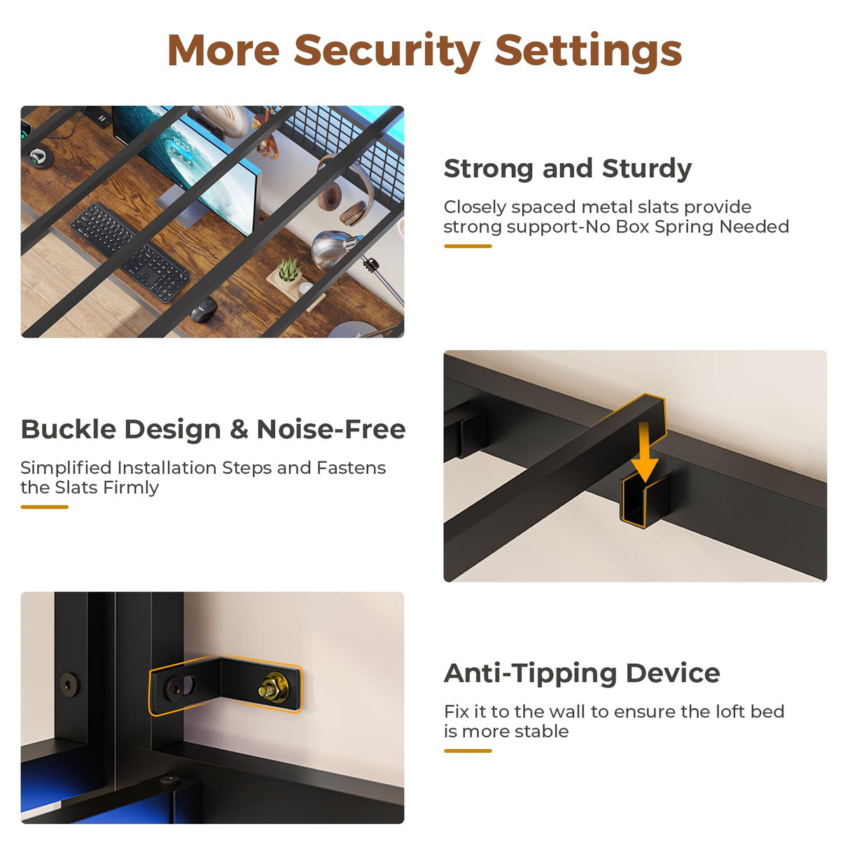 DICTAC Twin Loft Bed with L-Shaped Desk and Charging Station Twin Size Metal Bed Frame with LED Lights,Storage Shelves and Coat Rack with 2 Storage Drawers,Top Bunk with Safety Guard & Stair, Black DICTAC