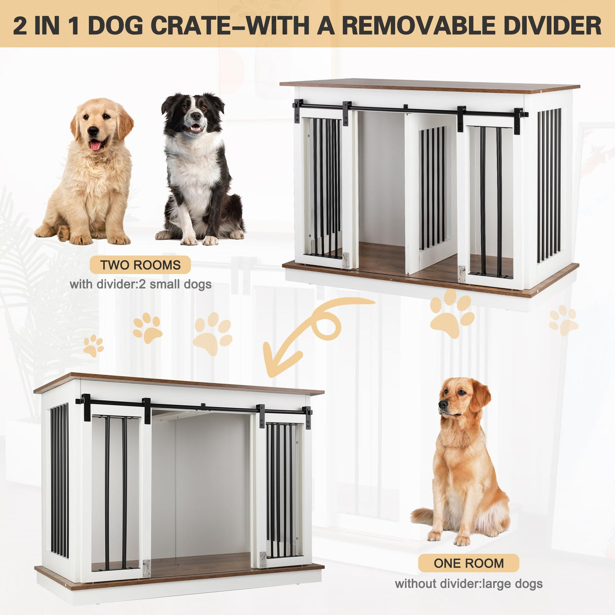 Sunseen Dog Crate Furniture with Divider,Wooden Dog Kennel End Table,Large Breed Dog House Indoor for One Large Dog or Two Small Dogs,Double Doors,47''W*24''D*35''H,White sunseen