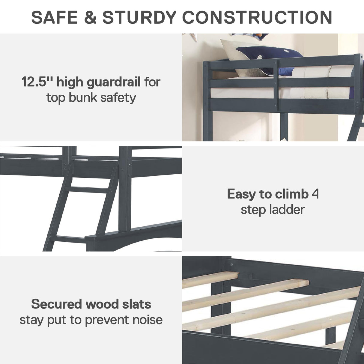 DHP Brady Wood Bunk Bed Frame, Twin over Full, Grey DHP
