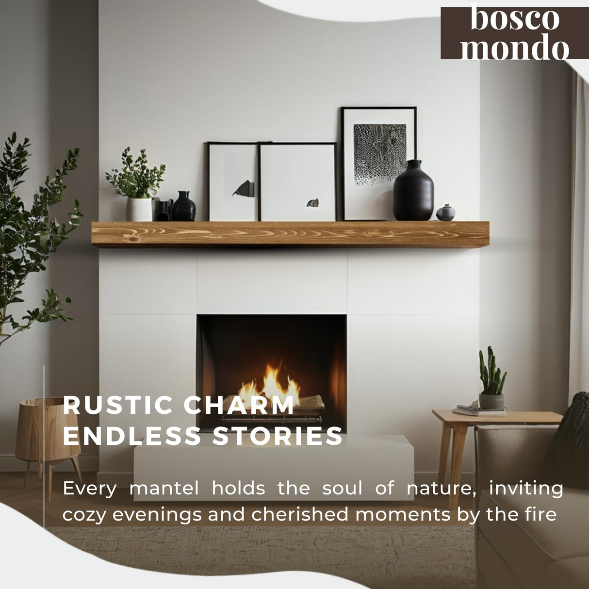 BoscoMondo Solid Wood Fireplace Mantel Shelf, Floating Mantle for Living Room, Farmhouse Rustic Wood Mantel, Easy Wall Mount with Heavy-Duty Metal Bracket (72", Oak) BoscoMondo