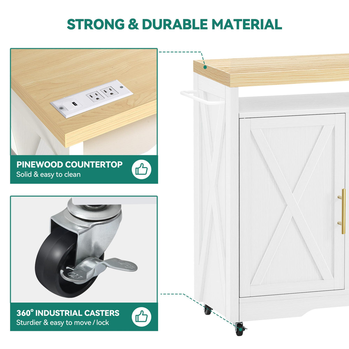 YITAHOME Large Kitchen Island with Power Outlet, Rolling Kitche Cart with Wine Rack, Mobile Storage Islands with Spice Rack Glass Holder, Island Table on Wheels for Living Room, 50 Inch Wide, White YITAHOME