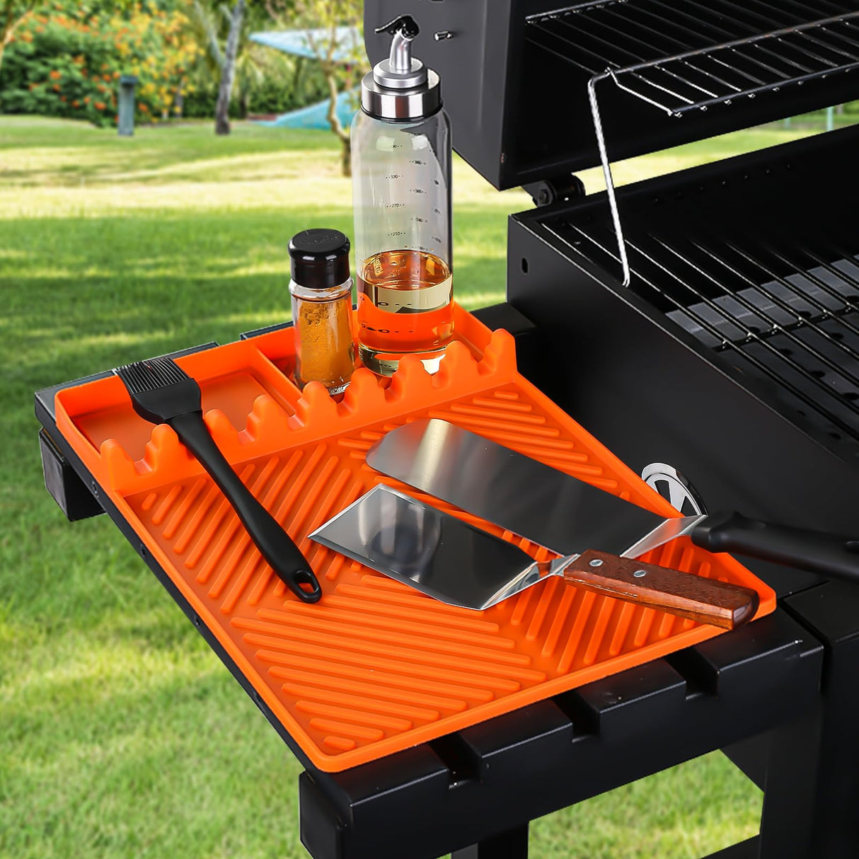 Griddle Mat Barbeque Grill Accessories Tools for Blackstone, Side Shelf Mat Grill Pad for Outdoor Grill Kitchen Counter Spatula Silicone Mat with Drip Pad for Kitchen, Cooking, Countertop (Orange) Find law