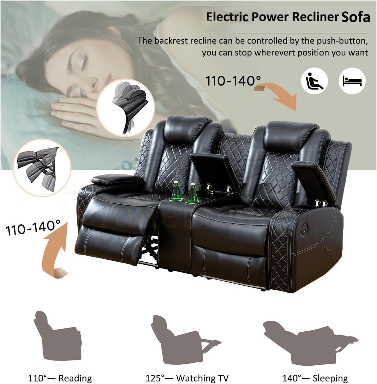 AYCP Multifunction Power Recliner Couch Set with LED Light, Storage Console, Cup Holders, USB Charging Port (3Piece, Black) AYCP
