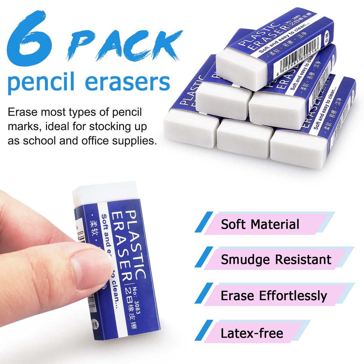 Tamaki 6 Pack Erasers, Large White Erasers for School Office, Art Eraser for Drawing Tamaki