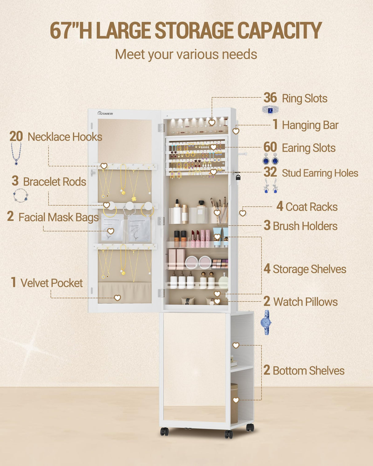 Hzuaneri 8 LEDs Jewelry Cabinet Armoire, 64.8-inch Jewelry Organizer with Garment Rack, Lockable Full-length Mirror with 4 Wheels, Storage Shelves with Hooks, 5-in-1, White and Beige JC17003BE Hzuaneri