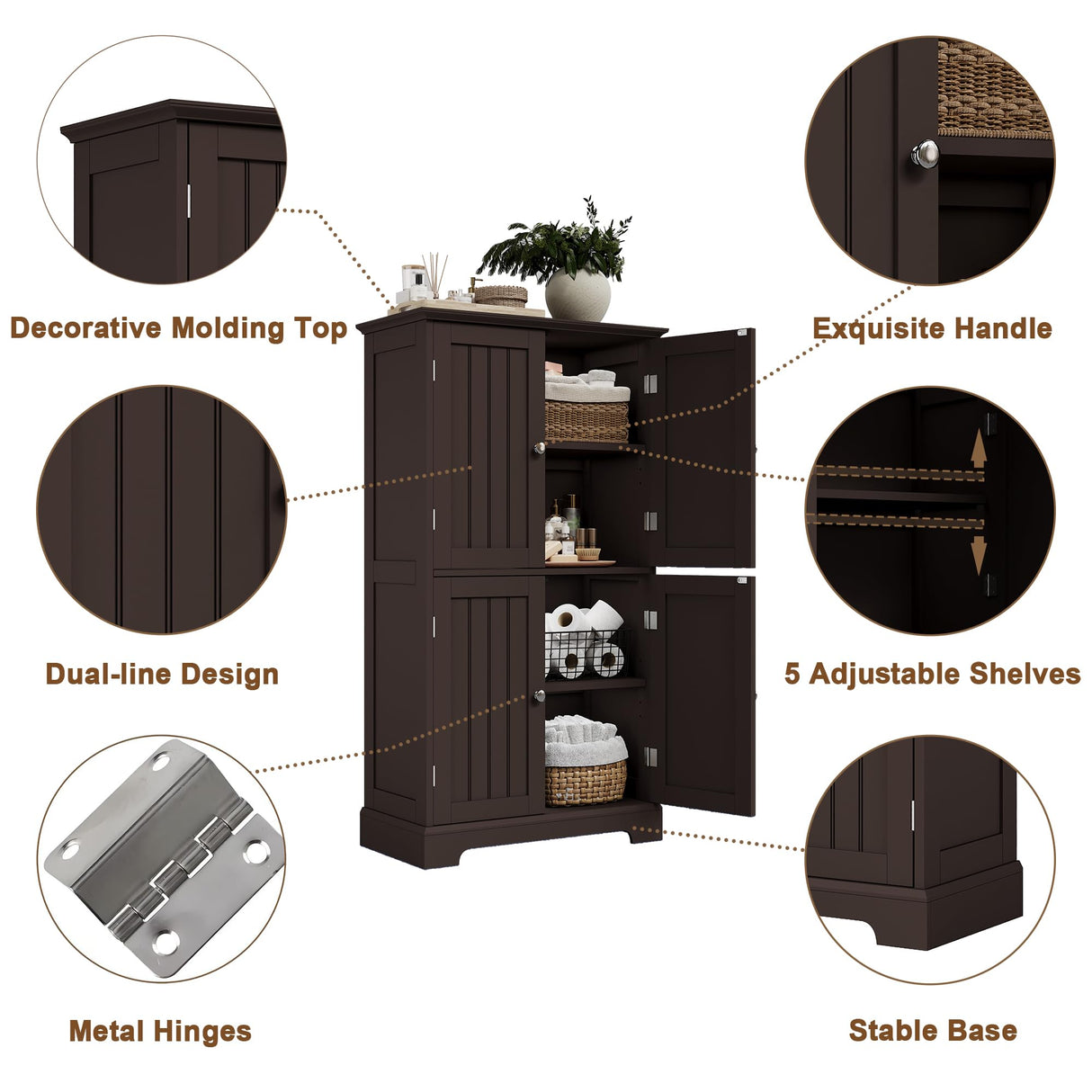 ChooChoo Bathroom Floor Cabinet, Modern Bathroom Storage Cabinet with 4 Doors and Adjustable Shelves, Freestanding Cupboard for Living Room, Espresso ChooChoo