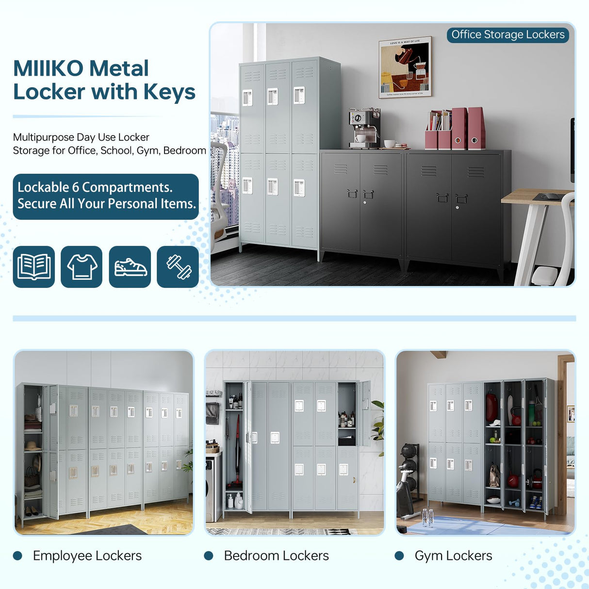 MIIIKO 2 Tier Metal Lockers 3-Wide, 72" x 36" x 16" Storage Locker Units with 6 Compartments, Large Employee Locker with Shelves, Lockable Doors and Hanging Hooks MIIIKO
