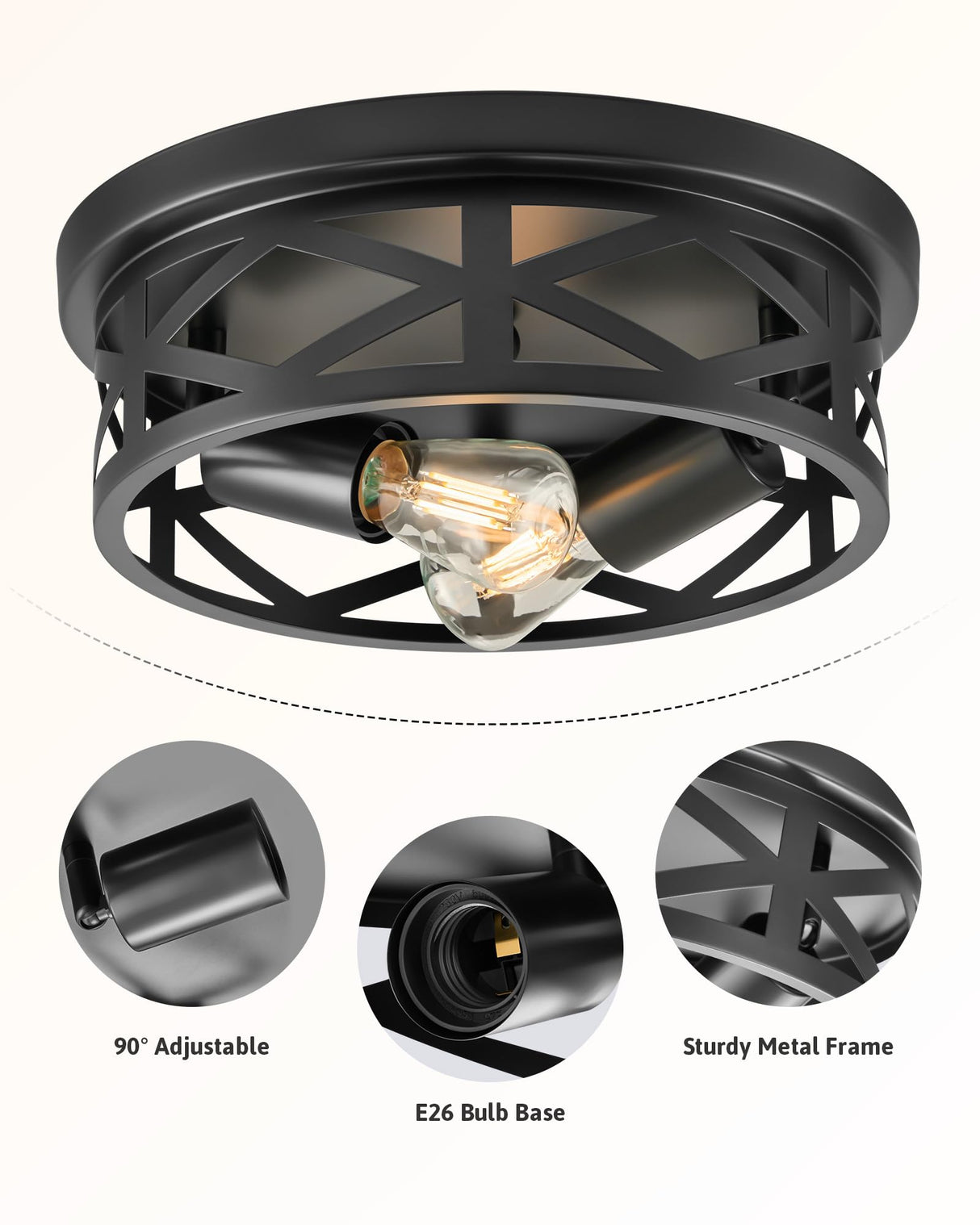 VONLUCE Flush Mount Ceiling Lights, 2-Light Hallway Ceiling Lighting Fixtures, 11 inch Farmhouse Metal Cage Ceiling Lights for Entryway Kitchen, Adjustable Lamp Holders, ETL, 2 pcs, Black VONLUCE