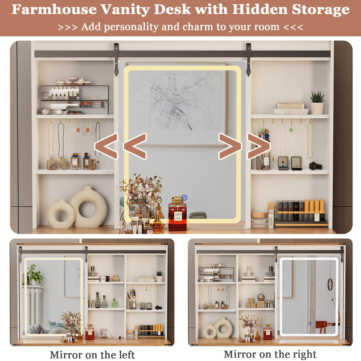 Makeup Vanity Desk with Lights, Large Vanity Desk with Sliding Mirror and Lights in 3 Mode, Farmhouse Vanity with Power Outlet, Vanity Desk with 5 Drawers,2 Cabinets,12 hooks, White Vanity for Bedroom ISHARINGTIME