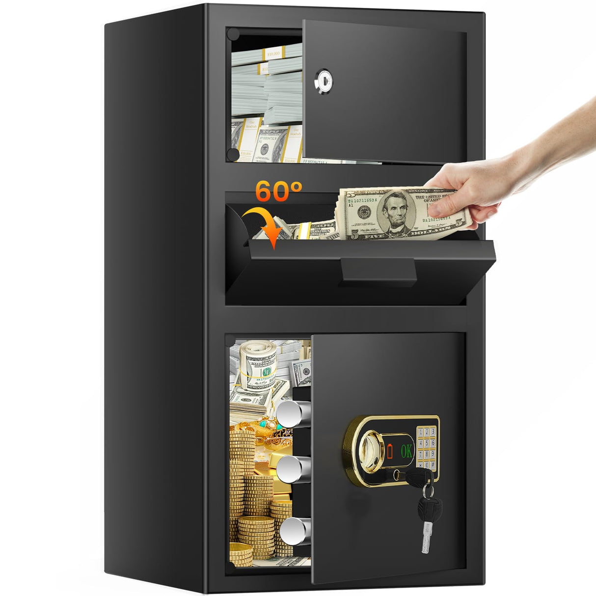 3.6 Cu ft Large Fireproof Drop Safe Box for Business, Anti-Theft Cash Safe Drop Box with Drop Slot, Digital Keypad and Spare Key, Heavy-duty Depository Drop Safe for Home Retail Busines Restaurants Tiskgg