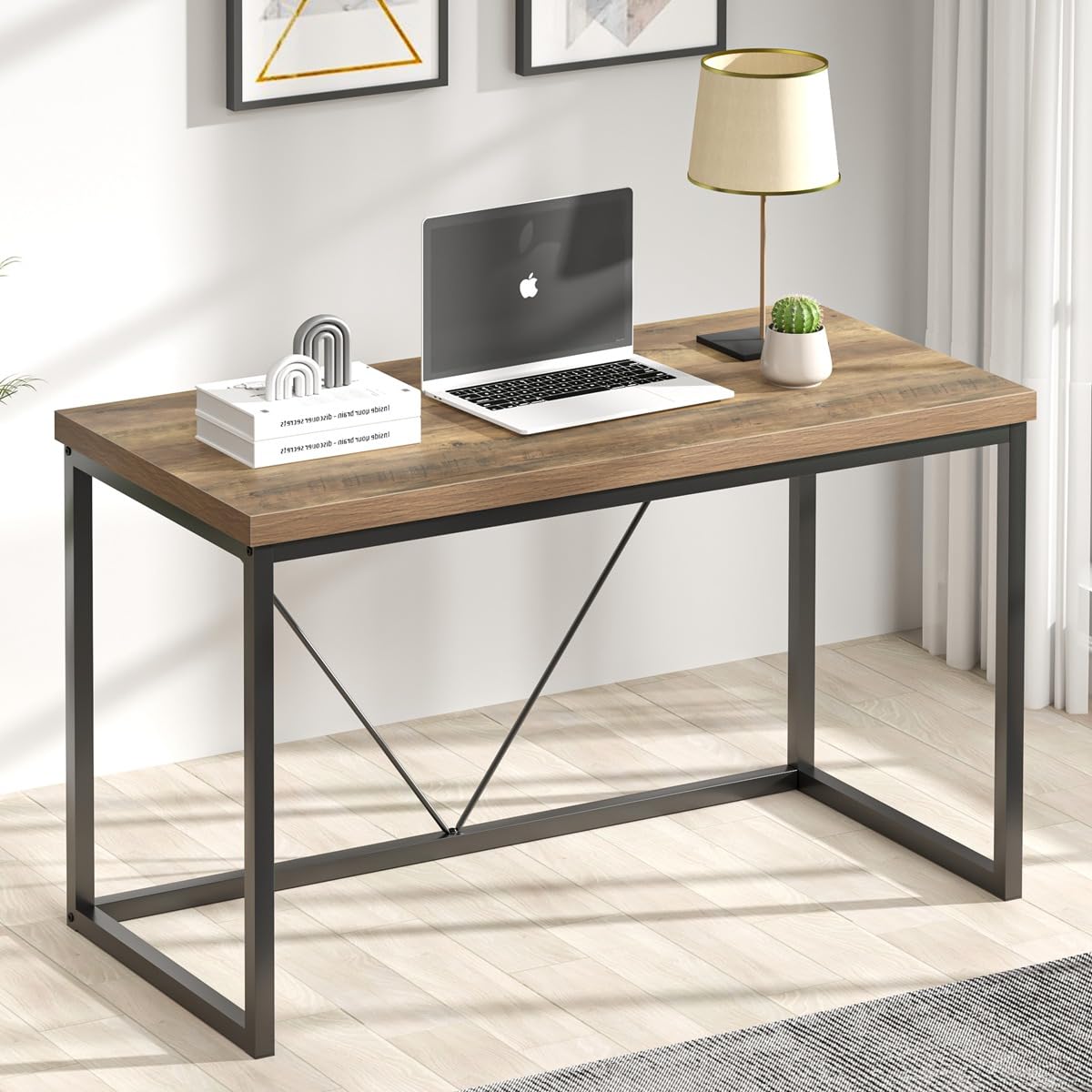 FOLUBAN Modern Home Office Desk, Rustic Wood and Metal Computer Desk, Industrial Study Writing Gaming Table Workstation, Vintage Laptop PC Desk, Oak 47 Inch FOLUBAN