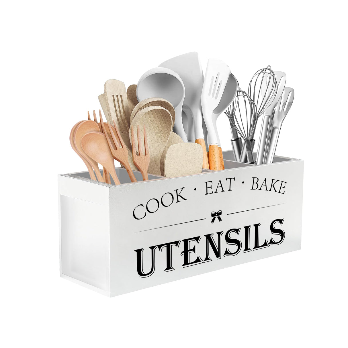 Suli Extra Large Kitchen Utensils Holder with 4 Compartments, Wooden Utensil Organizer for Kitchen Countertop, Farmhouse Kitchen Decor, Rustic Cooking Utensil - White Suli