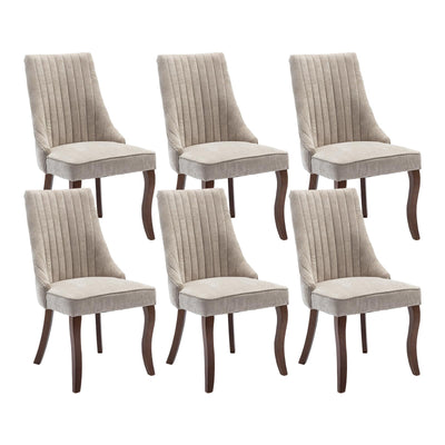 MZDOO Dining Chairs Set of 6,Linen Channel Tufted Kitchen Dining Room Chair with Curved Solid Wood Legs, Comfortable Fabric Upholstered Dining Chair for Dining Room, (Beige, 6pc)
