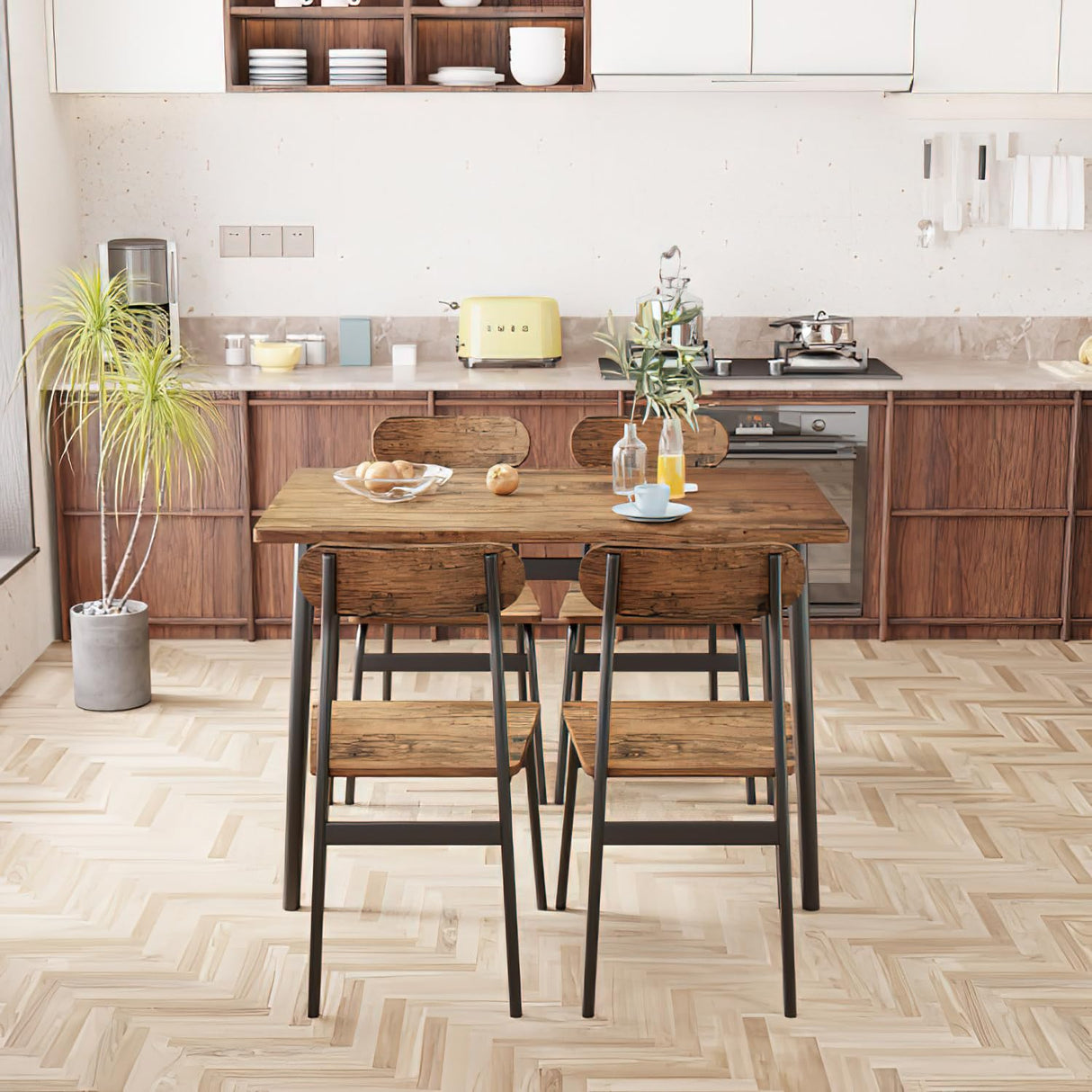 furlinkhm Kitchen Dining Table Set for 4, Modern Rectangular 5 Piece Dining Room Table and Chairs Set, Brown Wooden Metal Table Set for Family Dinner, Party, Afternoon Tea and Work (Oval) furlinkhm