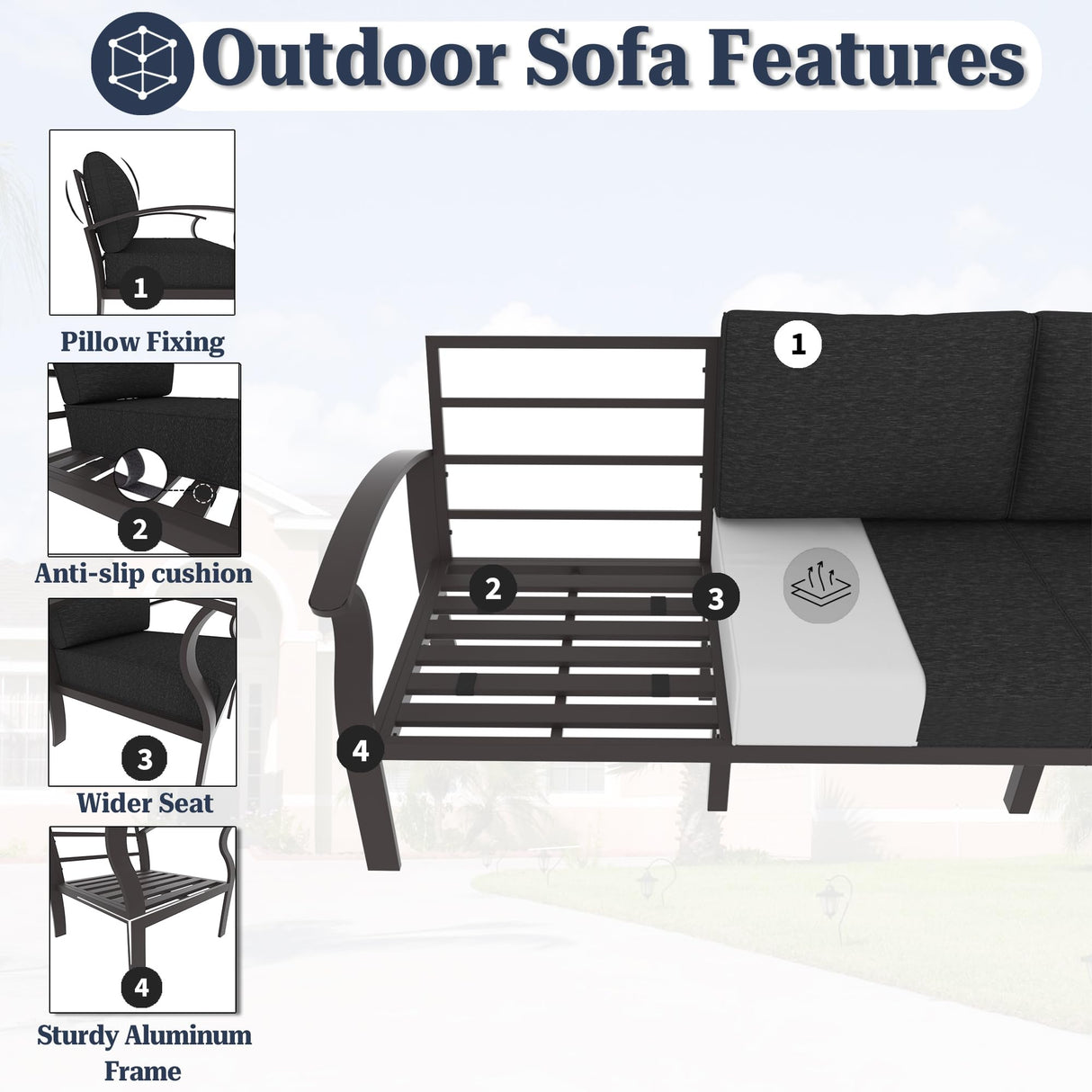 Kurapika Patio Furniture Set 8-Piece Aluminum Sectional Sofa with Armrest, Modern Outdoor Conversation Set, Metal Corner Sofa with Ottoman, Black Kurapika