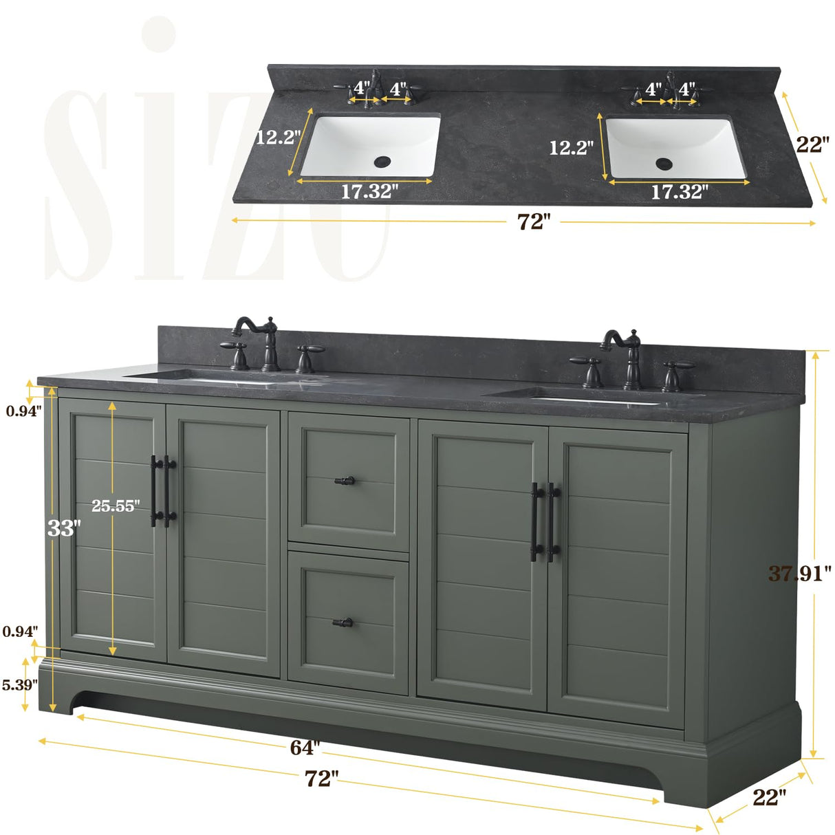 Vanity Art 72 Inch Double Sink Bathroom Vanity with Ceramic Sink and Stone Top | Undermount Rectangular Cabinet with Soft Closing Doors, Dovetailed Drawers, No Mirror VA5072-DVG Vanity Art