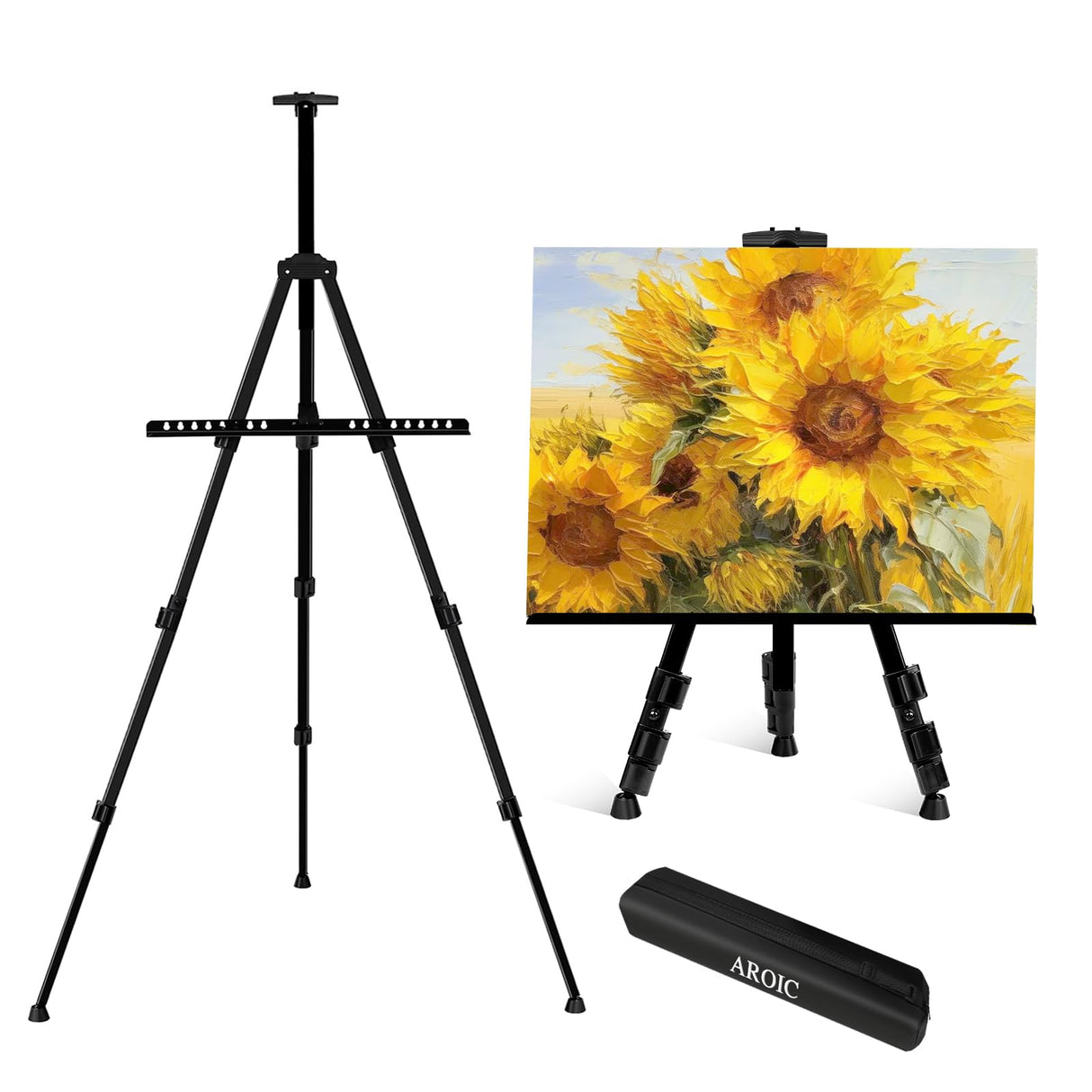 AROIC 1 Pack Art Painting Display Easel Stands,Portable Adjustable Aluminum Metal Tripod Artist Canvases Height from17 to 66 Inch Extra Sturdy forTable-Top/Floor Painting. Black with 1 Storage Bag AROIC