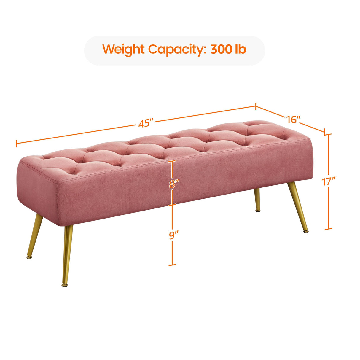 Yaheetech Modern Ottoman Bench Velvet Bench Upholstered Footrest for Living Room with Gold Metal Legs and Padded Seat Pink Yaheetech