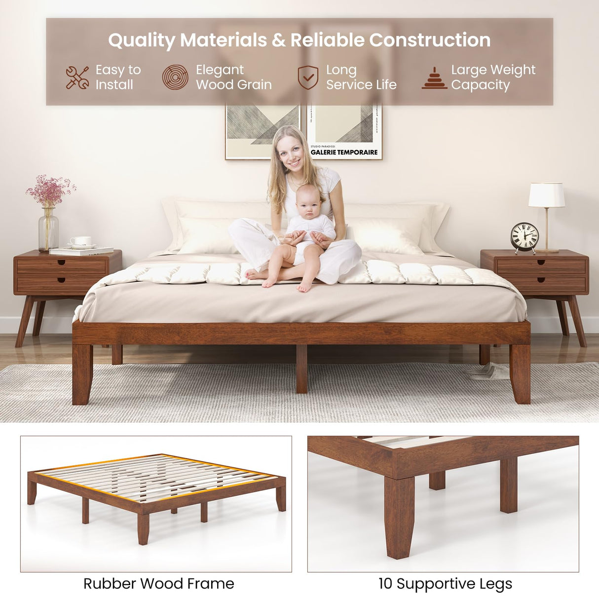 KOMFOTT 14-Inch Solid Rubber Wood King Size Platform Bed Frame - Brown Cherry KOMFOTT