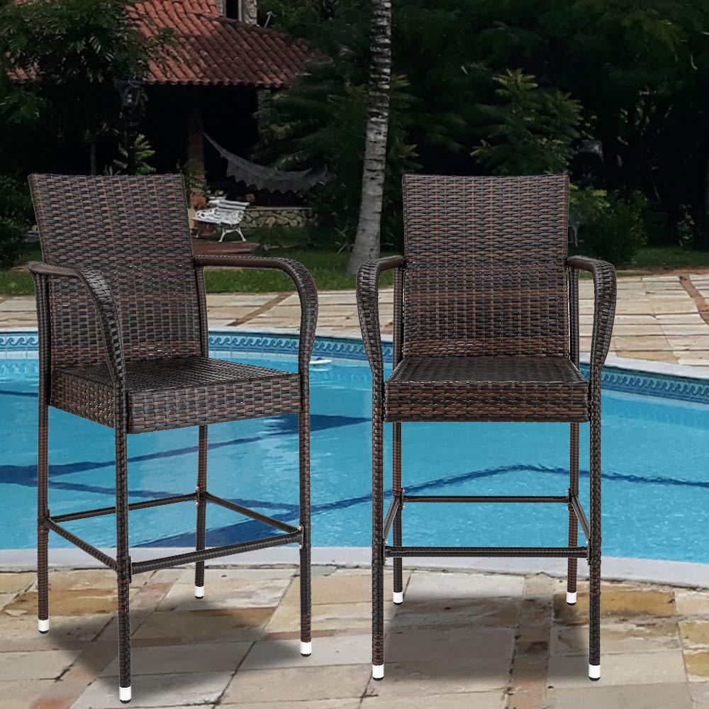 VINGLI Wicker Bar Stools Outdoor Set of 2, Outdoor Bar Height Chairs, Patio Furniture Bar Stools Wicker for Garden Pool Lawn Backyard VINGLI
