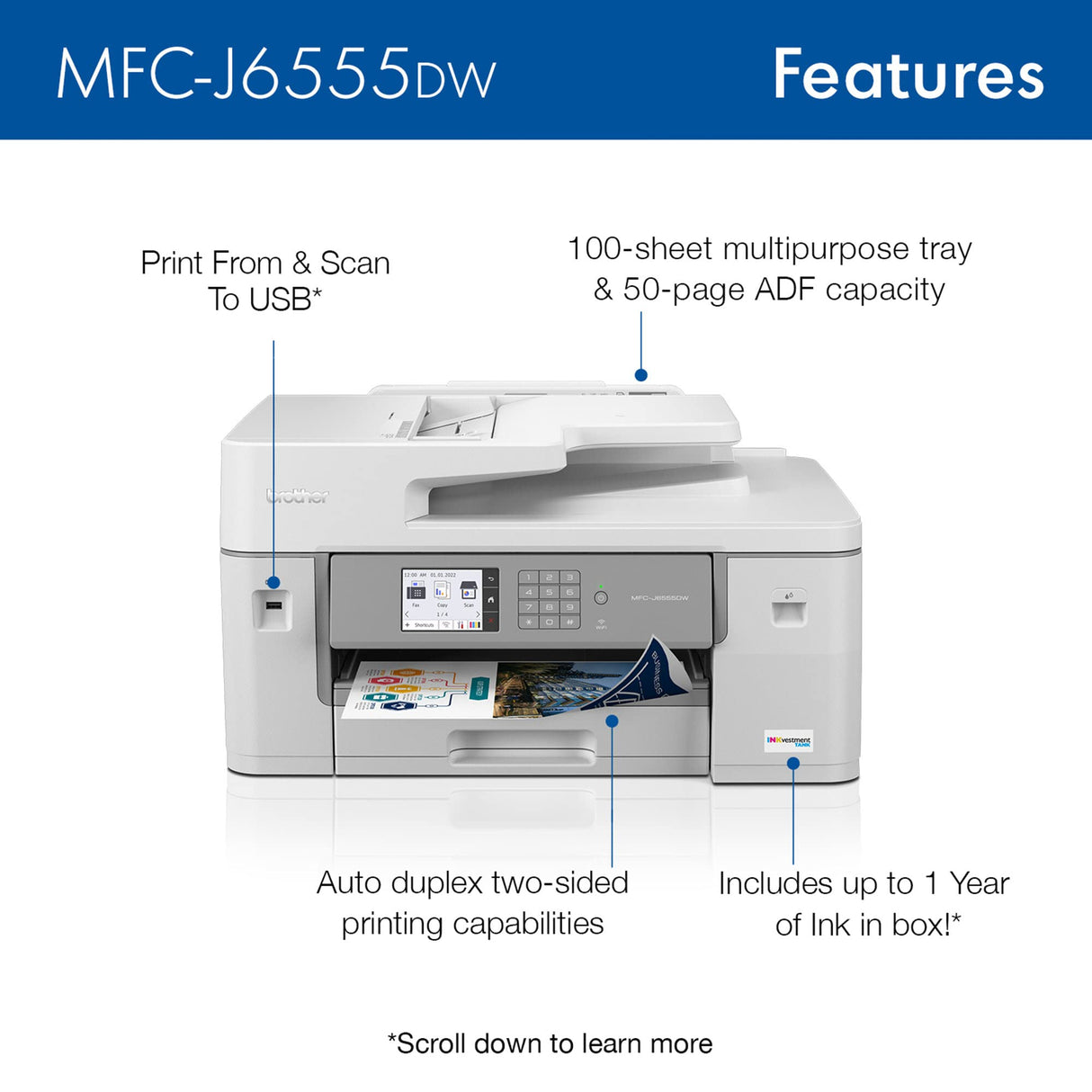 Brother MFC-J6555DW INKvestment Tank Color Inkjet All-in-One Printer with up to 1 Year of Ink in-box1 and 11” x 17” Print, Copy, scan, and fax Capabilities,White Brother