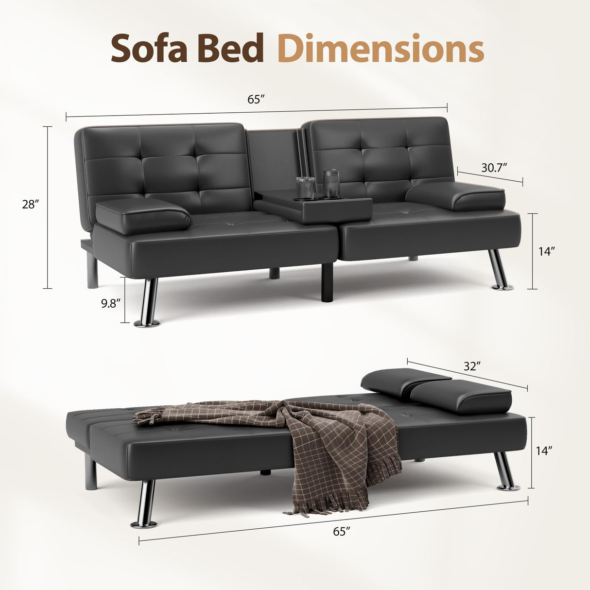 Shahoo Convertible Folding Futon Sofa Bed Sleeper Couch for Living Room Faux Leather Upholstered Loveseat w/Removable Armrests, Metal Legs, 2 Cup Holders, Brown Shahoo