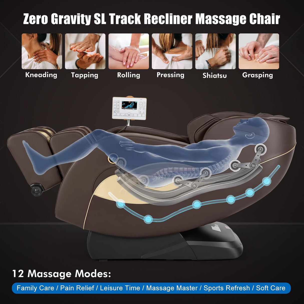 Artist hand Massage Chair Full Body, Zero Gravity Massage Chair SL-Track Shiatsu Massage Recliner Chair with 12 Modes, Bluetooth Speakers, Body Scan, Heating, Foot Roller, AI Control, Airbags, Brown Artist hand