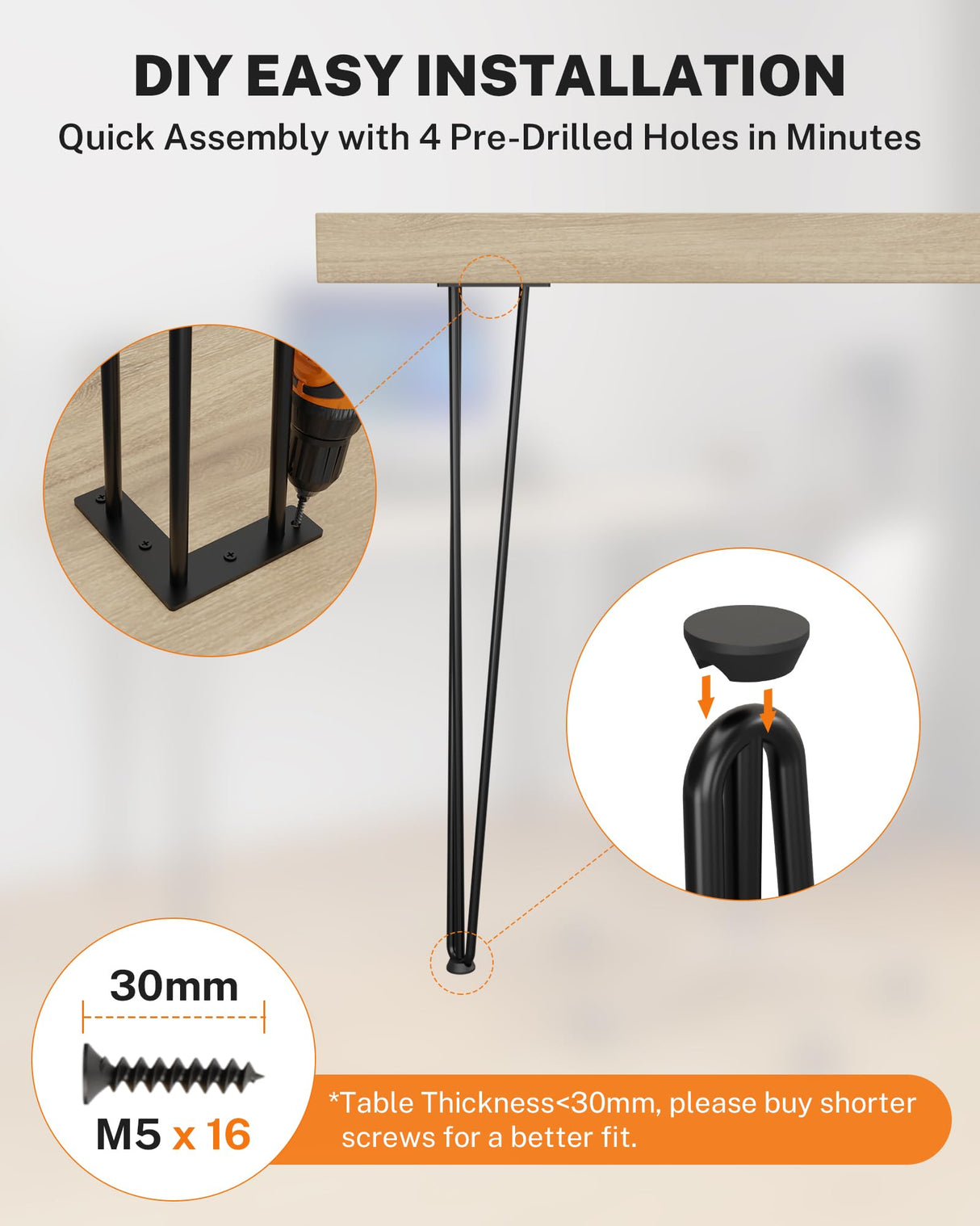 Table Legs 28 Inch, Hairpin Legs 28 Inch, Desk Legs for Furniture with Rubber Floor Protectors, Industrial Style for Coffee Table, Side Table, Dining Table, Bench, 4PCS Black TITECK