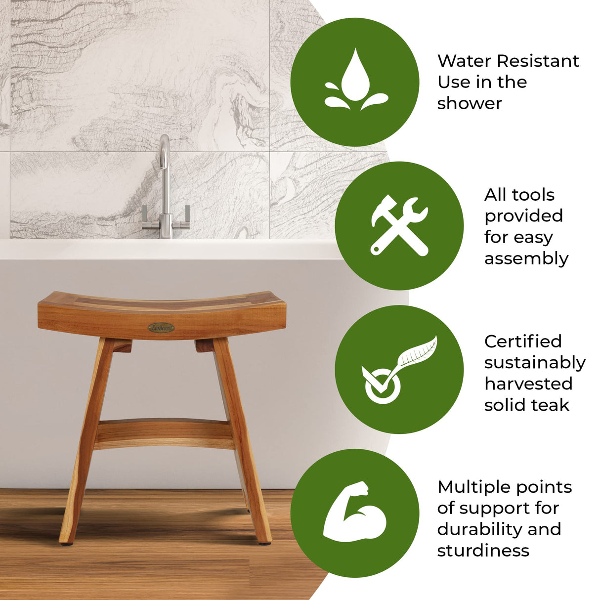 EcoDecors, Serenity, 18 ", Teak Shower Bench, Teak Bench for Shower, Teak Bench, Shower Teak Bench, Teak Wood Shower Bench, Teak Shower Stool, Teak Bench Shower, Teak Shower Bench for Inside Shower EcoDecors