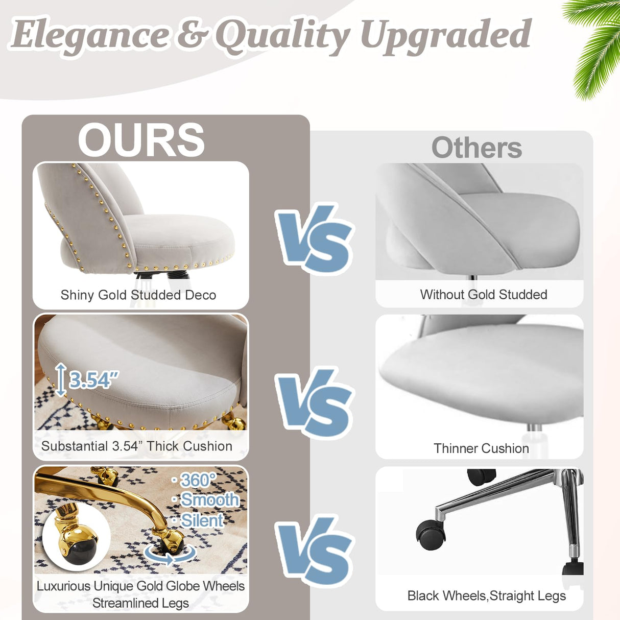 VINGLI Modern Velvet Small Office Chair,Cute Desk Chair with Wheels,Gold Base/Studs, Comfy Armless Swivel Vanity Task Chair for Women/Girl/Kids, Nail Tech Chair for Bedroom,Small Space,Grey VINGLI