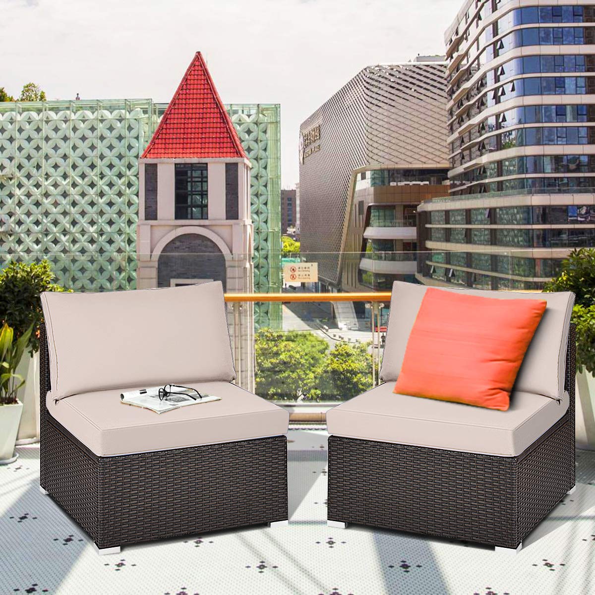 Tangkula 2 PCS Outdoor Wicker Armless Sofa, Patio Rattan Sectional Sofa Set w/2 Thick Seat Cushions and 2 Back Cushions, Additional Seats for Balcony Garden Patio Poolside (Black) Tangkula