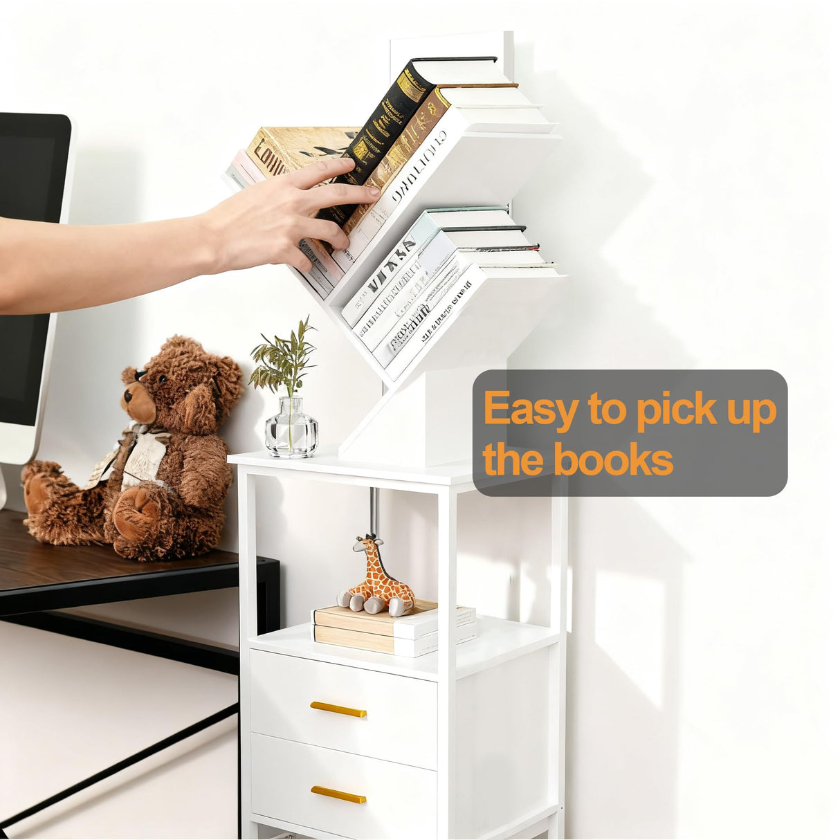 Lightdot Bookshelf with Double Drawer, 5 Shelf Tree Bookshelf, Wooden Bookshelves Storage Rack for CDs/Movies/Books, White Bookcase, Utility Organizer Shelves for Living Room, Bedroom Lightdot